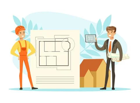 Architect and construction engineer discussing new project. Man showing real Illustrazione stock