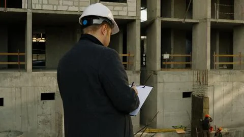 Architect and construction worker examining blueprints on a building site Stock Photos