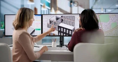 Architect And Engineer Collaborate Using 3D BIM Software For Smart City Plann 写真素材
