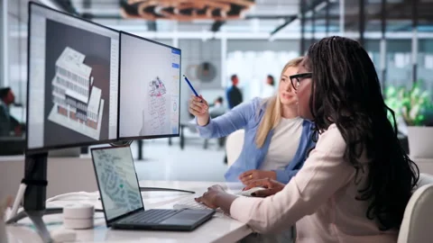 Architect And Engineer Discuss 3D BIM Model Stock Footage 342980127
