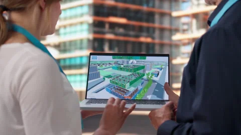 Architect And Engineer Discuss BIM Model Details On Laptop Stock Footage 335877908