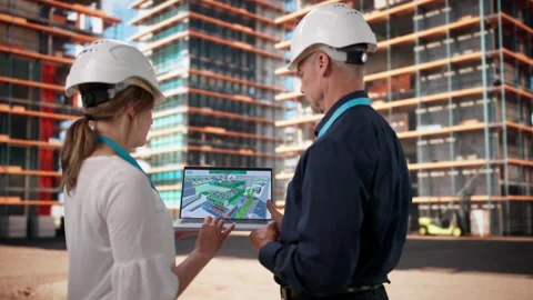 Architect And Engineer Discuss BIM Model Details On Laptop Stock Footage 336792749