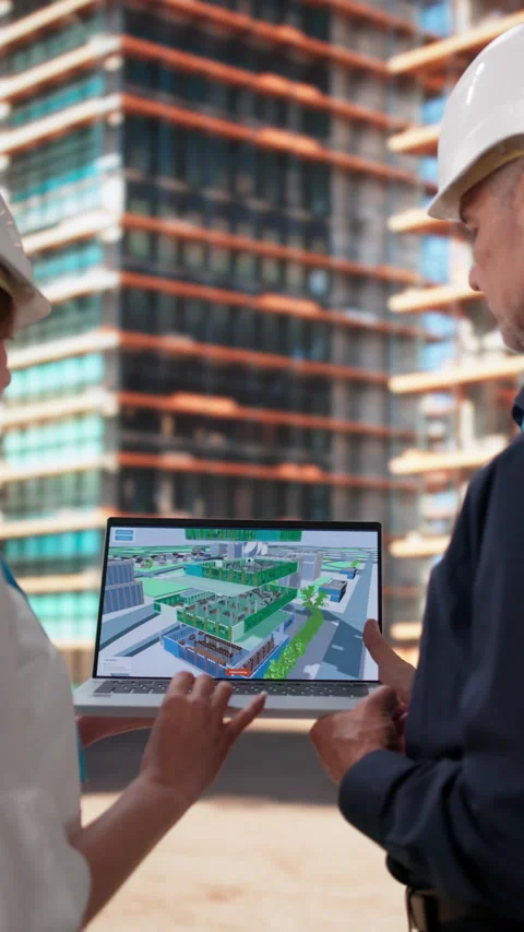 Architect And Engineer Discuss BIM Model Details On Laptop Stock Footage 336793084