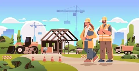 Architect and engineer in uniform discussing project during meeting construction 库存插图