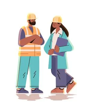 Architect and engineer in uniform discussing project during meeting construction Stock Illustration
