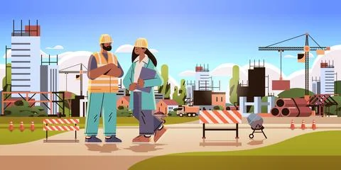 Architect and engineer in uniform discussing project during meeting construction 스톡 일러스트