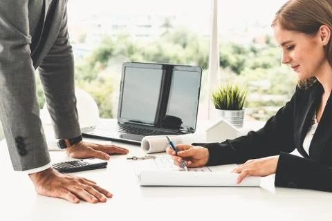 Architect and engineer working with drawing. Fotos de archivo