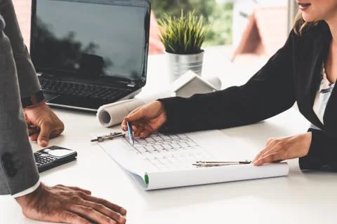 Architect and engineer working with drawing. Fotos de archivo