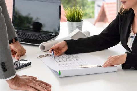 Architect and engineer working with drawing. Fotos de archivo