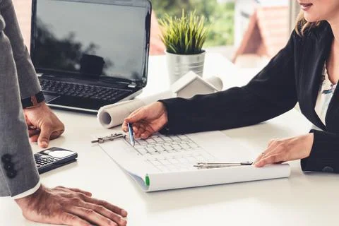 Architect and engineer working with drawing. Fotos de archivo