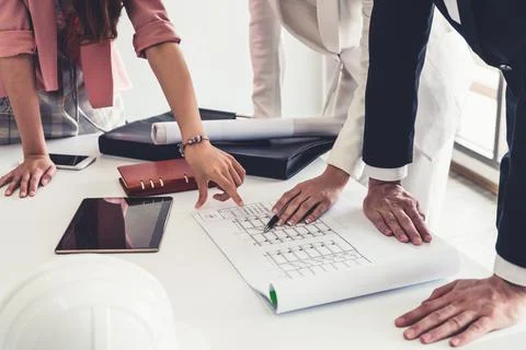 Architect and engineer working with drawing. Fotos de archivo