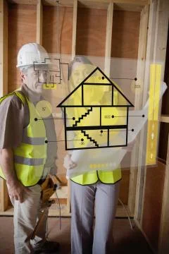 Architect and foreman standing behind house plan interface Stock Illustration