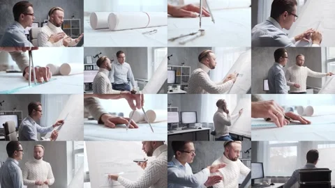 Architect and his colleague work in loft using drawing board and computers Stock Footage 282915181