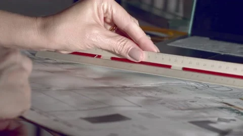 Architect and interior designer adjusting blueprints with a ruler and pen Stock Footage 227276447