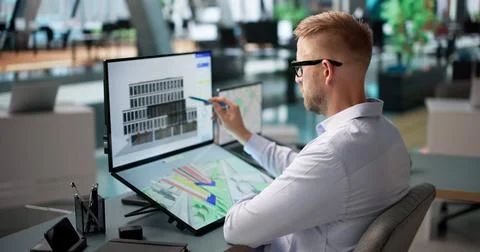 Architect Attentively Studies 3D BIM Model On Laptop For Urban Planning. Stock Photos