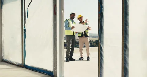 Architect, blueprint and construction team at worksite for planning, discussion Stock Footage 344939405