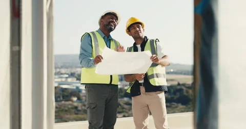 Architect, blueprint and construction team at site for planning, discussion and Stock Footage 344945597