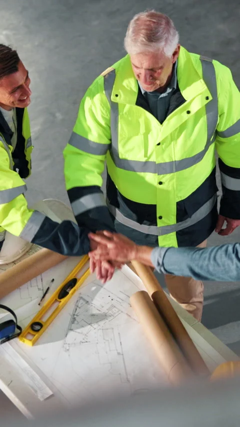 Architect, blueprint and hand stack with team, above or motivation for project Stock Footage 342313315