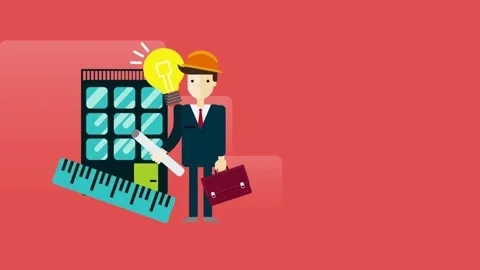 Architect with blueprint lightbulb hard hat and ruler on red background Stock Footage 320832078