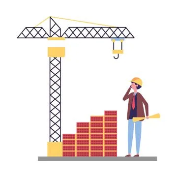 Architect with blueprints brick wall crane Stock Illustration