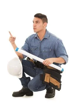 Architect with blueprints on a white background Stock Photos