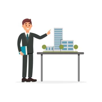 Architect builder character in hard hat presenting a model of new building Ilustración de archivo