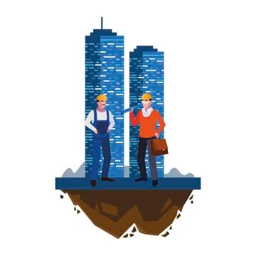 Architect builder with constructor workers and building Ilustración de archivo