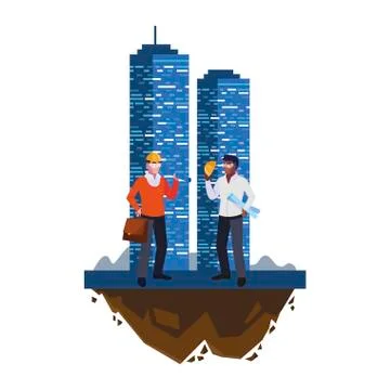 Architect builder with constructor workers and building Ilustración de archivo