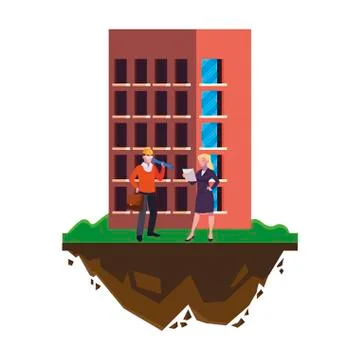 Architect builder with female engineer and building Illustrazione stock