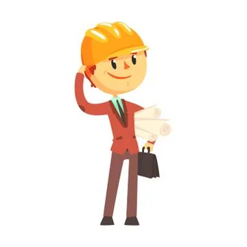 Architect builder in hard hat holding paper rolls cartoon character vector Illustrazione stock