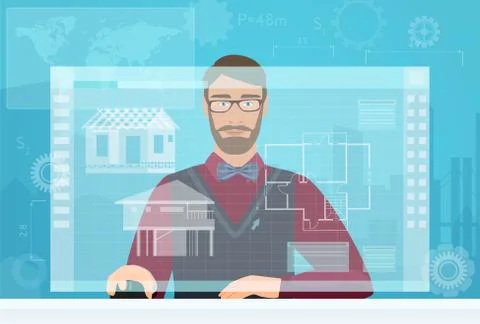 Architect builder man working using virtual media interface workspace. Engineer Stock Illustration