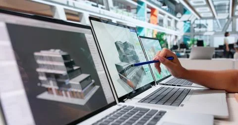 Architect Carefully Studies 3D Building Model, Planning Urban Construction Wo Foto stock