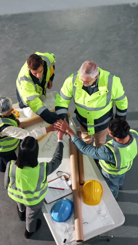 Architect, celebration and hand stack with team, above or blueprint for project Stock Footage 342313701