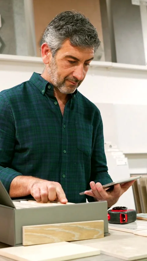 Architect choosing tiles and using tablet in showroom Vidéo 313363411