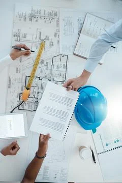 Architect collaboration, construction business and paperwork, meeting and Stock Photos