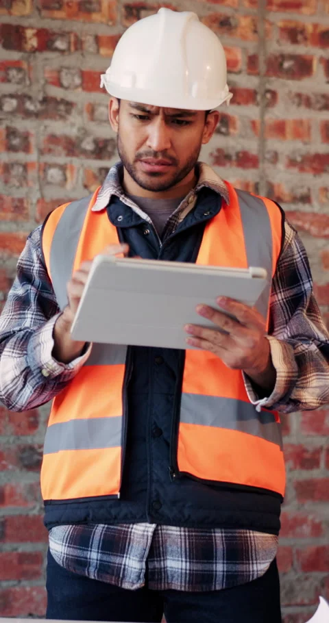 Architect, confused and man with tablet in building, research or plan for Stock Footage 336208445