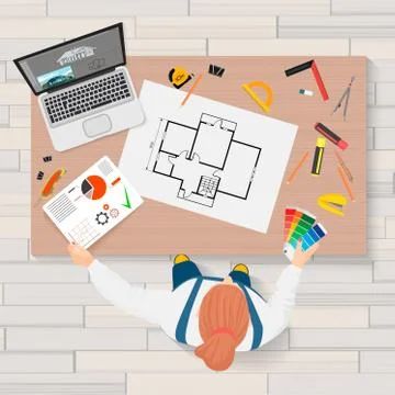 Architect construction engineering planning and creating process with Illustrazione stock