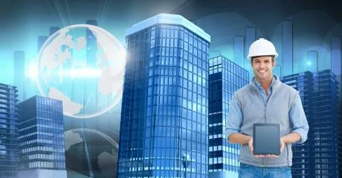 Architect construction man holding tablet with Tall buildings with world globe Stock Photos