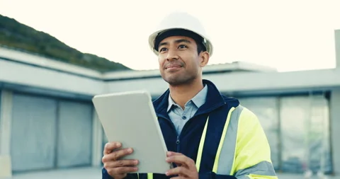 Architect, construction or happy man with tablet on site for building inspection Stock Footage 345650570