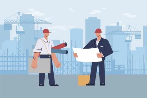Architect at construction site. Master foreman with helmet on his head with Stock Illustration