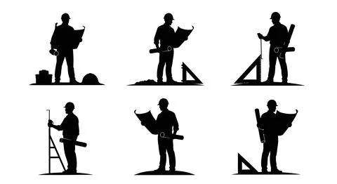 Architect on Construction Site Silhouette Set Stock Illustration
