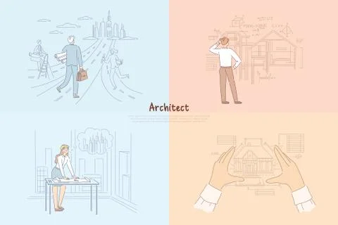 Architect creative work process, man walking towards future town project, wom Stock Illustration