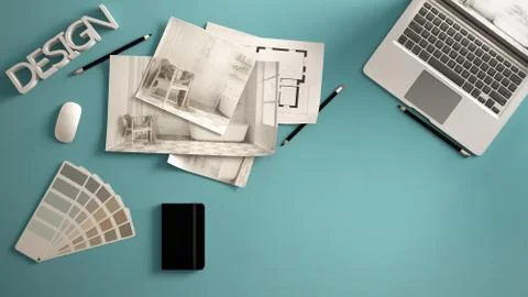 Architect designer concept, blue work desk with computer, paper draft, bedroo Illustrazione stock