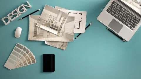 Architect designer concept, blue work desk with computer, paper draft, kitche Illustrazione stock