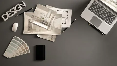 Architect designer concept, gray work desk with computer, paper draft, kitche Illustrazione stock