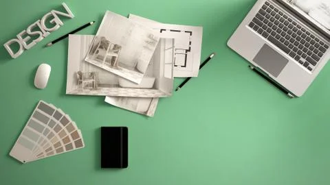 Architect designer concept, green work desk with computer, paper draft, bedro Illustrazione stock