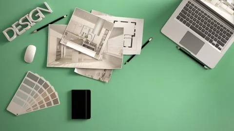 Architect designer concept, green work desk with computer, paper draft, kitch Illustrazione stock