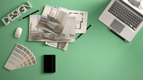 Architect designer concept, green work desk with computer, paper draft, bedro Illustrazione stock