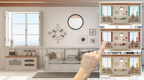 Architect designer concept, hand showing living room, sofa, panoramic windows Illustrazione stock