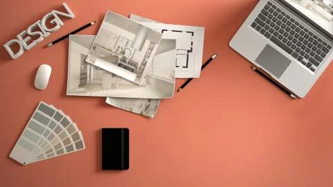 Architect designer concept, red work desk with computer, paper draft, kitchen Illustrazione stock